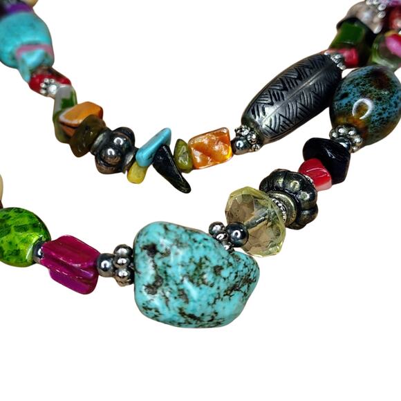 Bohemian Turquoise Rose Quartz Mix Semi-Precious Stones Double Strand Necklace - Picture 4 of 8